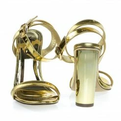 Ikira1 By X2B, Chunky Block Heel Metallic Mirror Open Toe Sandal, Ankle Strap