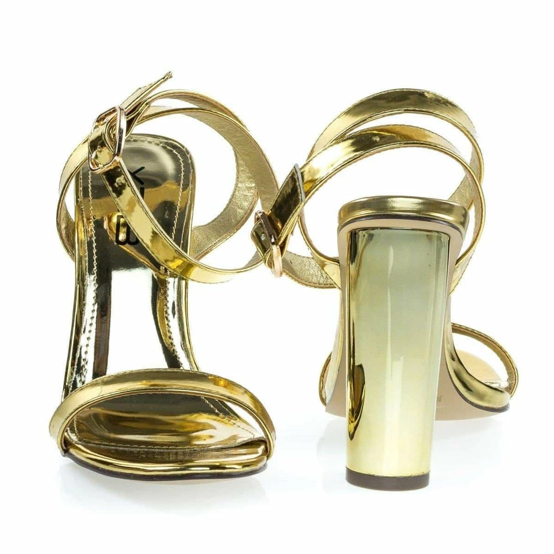 Ikira1 By X2B, Chunky Block Heel Metallic Mirror Open Toe Sandal, Ankle Strap