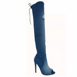 Kiana1 By X2B, Women's Peep Toe Over Knee Frayed Denim Rip Torn Destroyed Jean W Tie Lace New