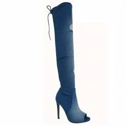 Kiana1 By X2B, Women's Peep Toe Over Knee Frayed Denim Rip Torn Destroyed Jean W Tie Lace New