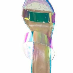 X2B Kimberly5 Iridescent Clear Vinyl Sandal - Chunky High Heel Strappy Lucite Slides New