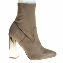 New Monet2 By X2B, Gold Metal Plated High Block Heel, Suede Pull On Ankle Booties