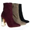 New Monet2 By X2B, Gold Metal Plated High Block Heel, Suede Pull On Ankle Booties