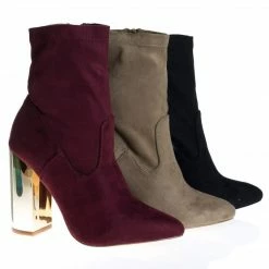 New Monet2 By X2B, Gold Metal Plated High Block Heel, Suede Pull On Ankle Booties