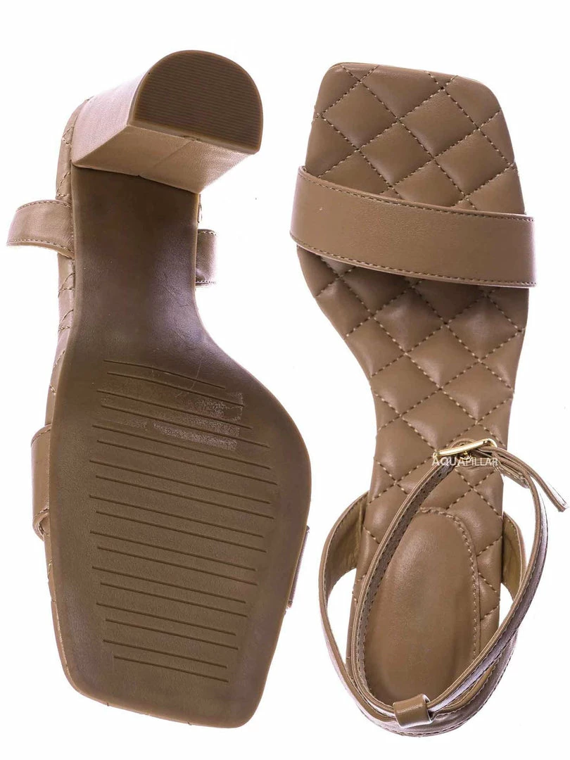 Top Moda New Pita48 Matelassé Quilted Chunky Heel Sandal - Women Adjustable Ankle Strap Shoes