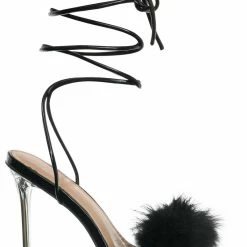 Wild Diva New Bonia04 Leg Wrap Fluffy Feather Sandal - Women Lace Up Heel S