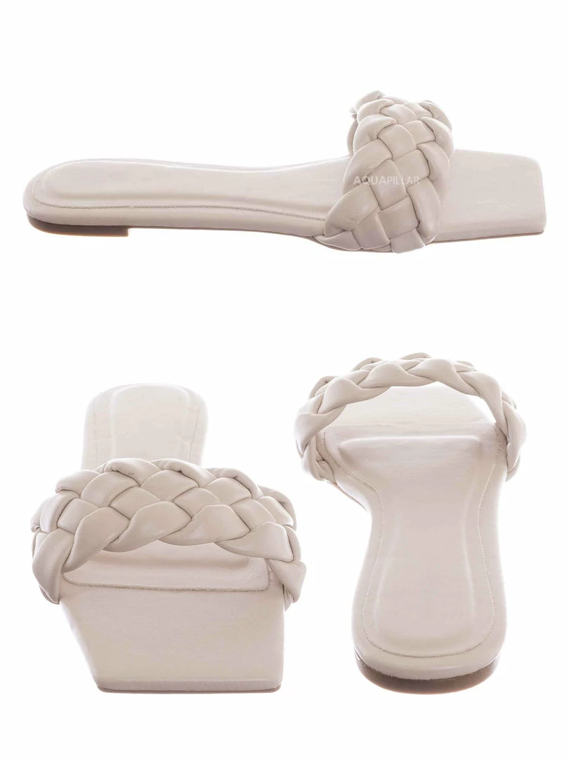 Bamboo Block19 Woven Braided Band Slipper - Womens Open Squared Toe Slip On Flat Sandal