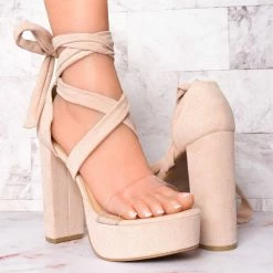 Wild Diva Mia32 Lace Up Block Heel Sandal, Women Leg Wrap Lucite Shoes