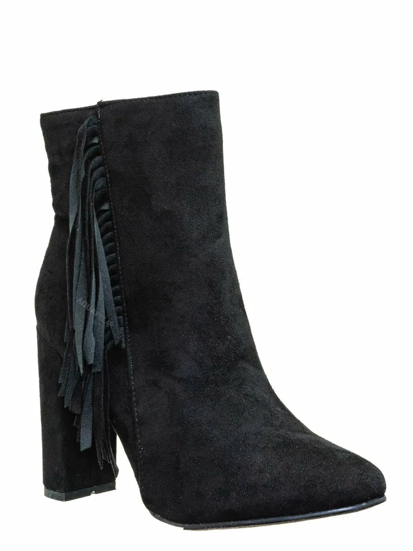 Breckelle's Lisa12 20s Retro Fringe Ankle Bootie - Flappy Tassel Block High Heel Dress Boots