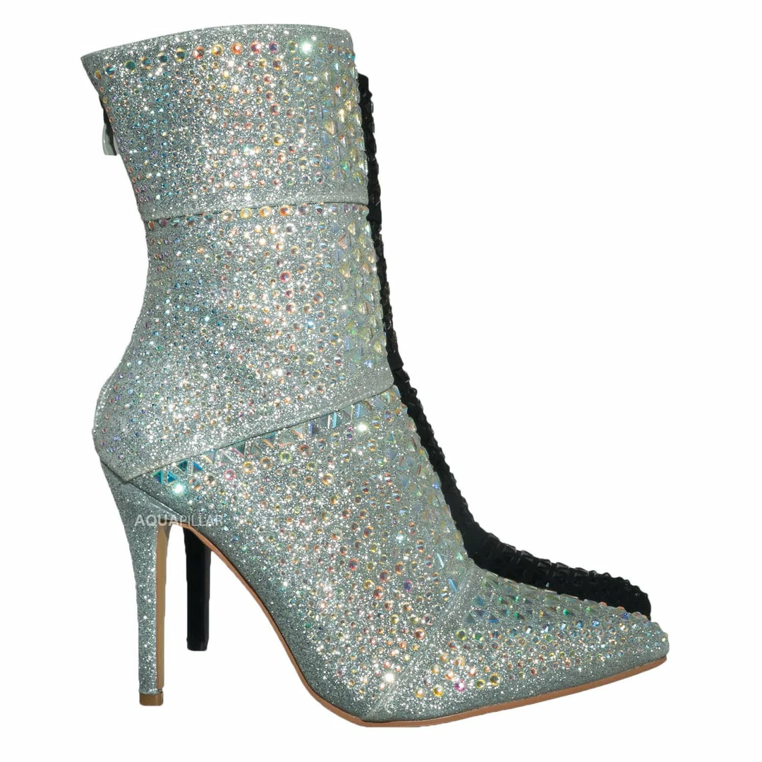 Forever Link Event98 Rhinestone Studded Stiletto Bootie- Womens Crystal Ankle Height Boot
