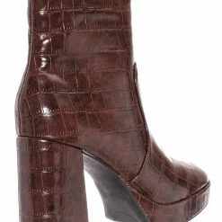 Bamboo Underlined01 Platform Block Heel Bootie - Women Croc & Suede Ankle Pump Boot New