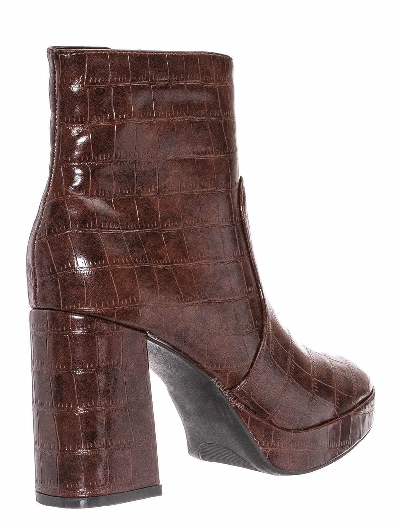 Bamboo Underlined01 Platform Block Heel Bootie - Women Croc & Suede Ankle Pump Boot New