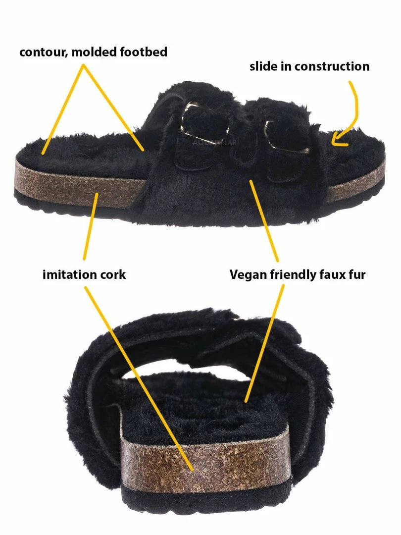 Bamboo New Defeat63 Faux Fur Molded Footbed Slipper - Furry Slide In Cork Slide Sandal