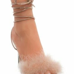Wild Diva New Bonia04 Leg Wrap Fluffy Feather Sandal - Women Lace Up Heel S
