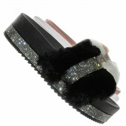 Bamboo Nighttime02 Faux Fur Rhinestone Flatform Slides - Molded Footbed Crystal Sandal New