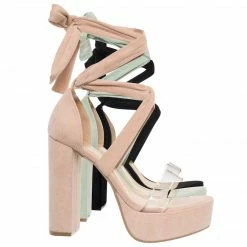 Wild Diva Mia32 Lace Up Block Heel Sandal, Women Leg Wrap Lucite Shoes