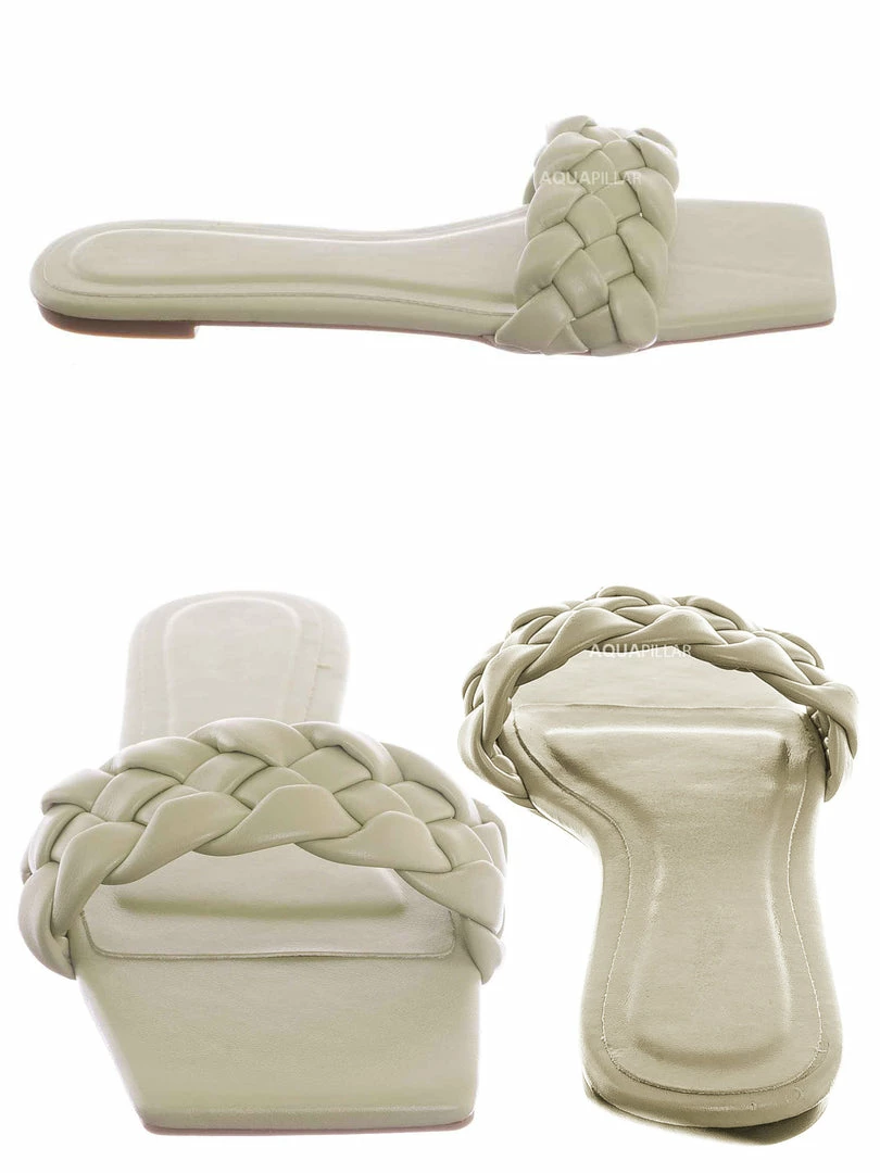 Bamboo Block19 Woven Braided Band Slipper - Womens Open Squared Toe Slip On Flat Sandal